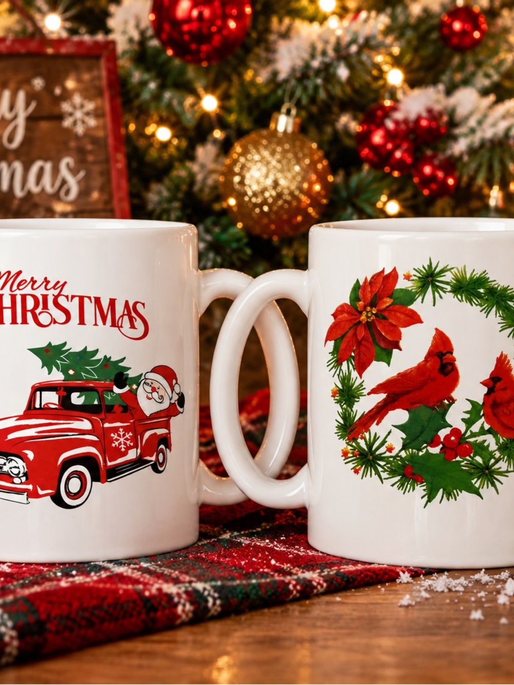 Holiday Cardinal & Vintage Truck Christmas Mug Set - Red